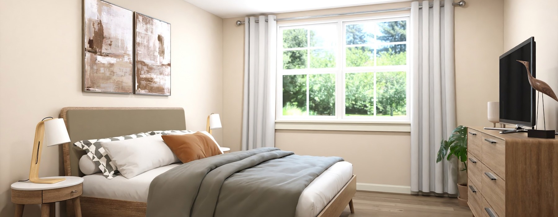 a bedroom with a bed and a tv