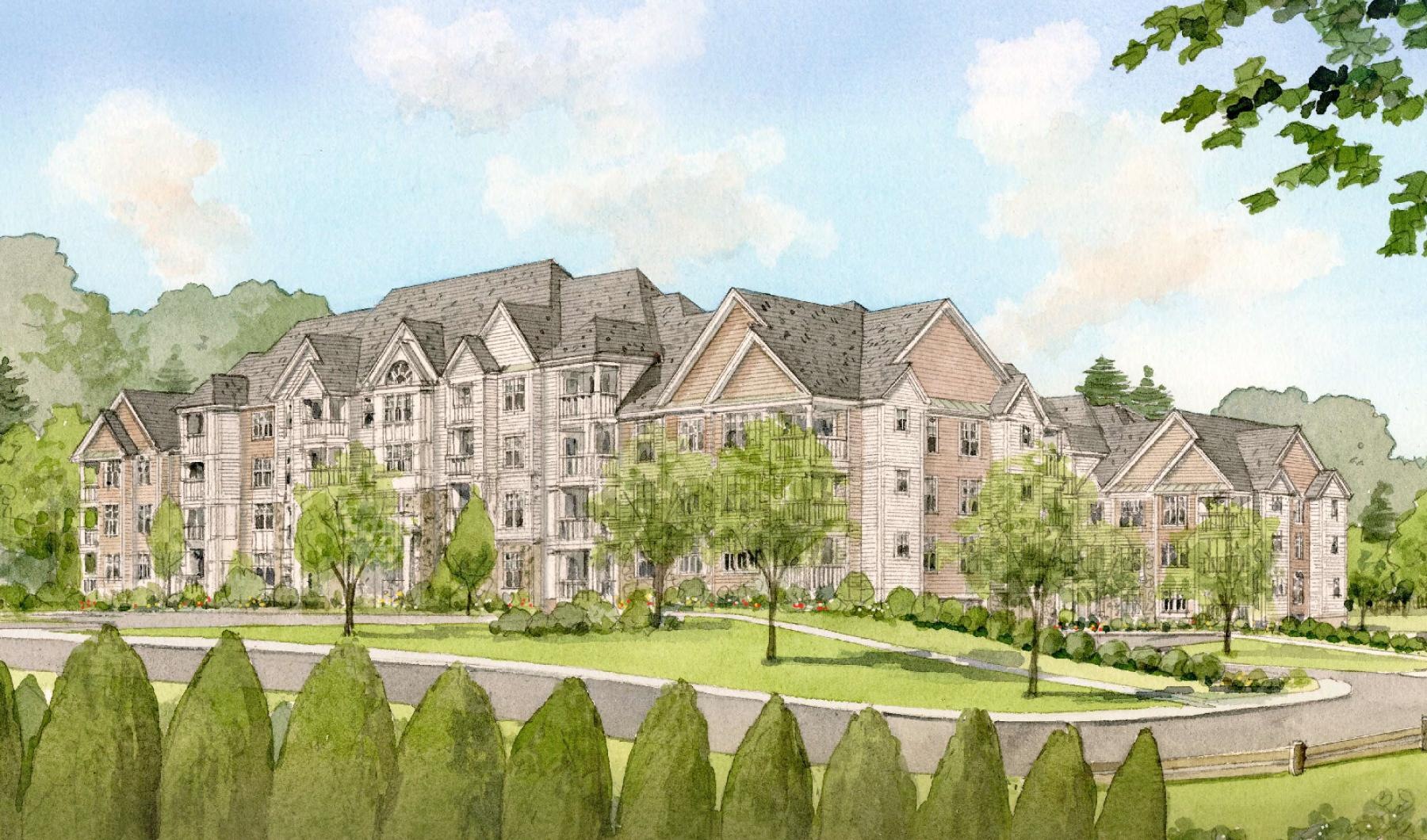 a large building with trees in front of it